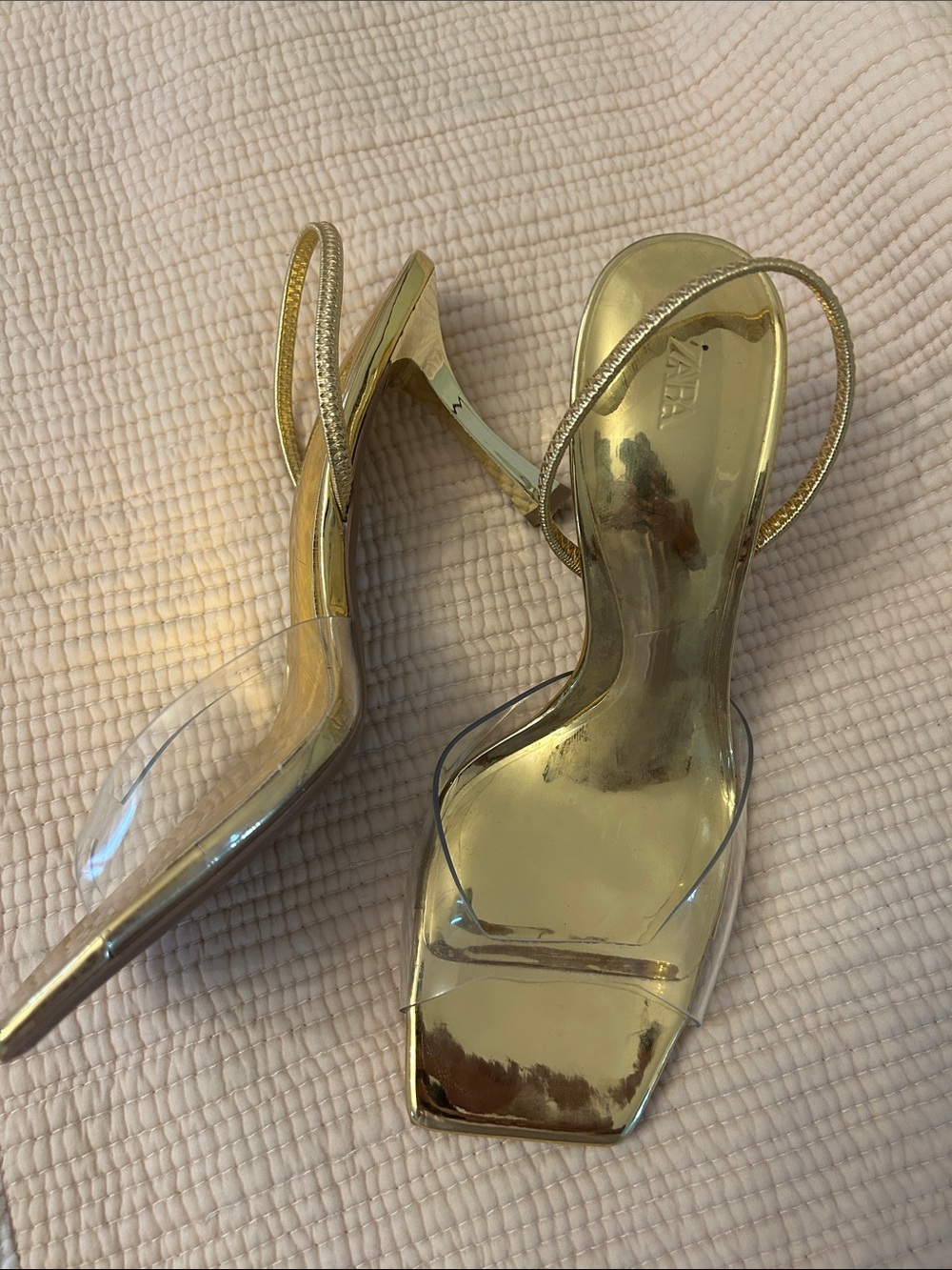 Zara Metallic Gold Slingback Heels with Clear Straps